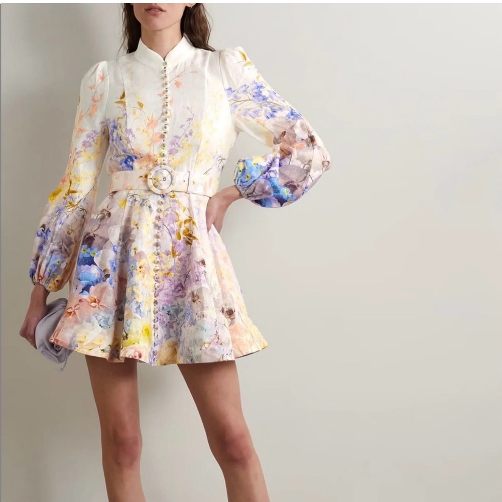 Zimmermann Rhythmic Belted Embellished Floral-print Linen Mini Dress